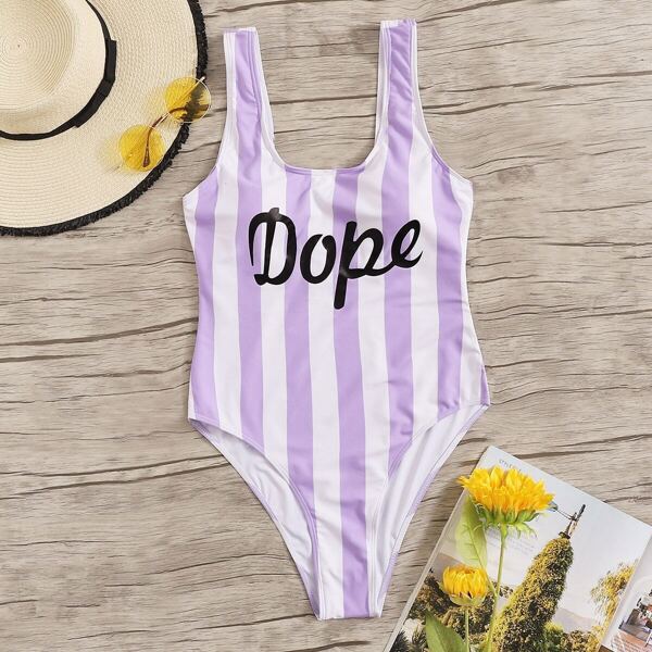 

Striped & Letter Print One Piece Swimsuit