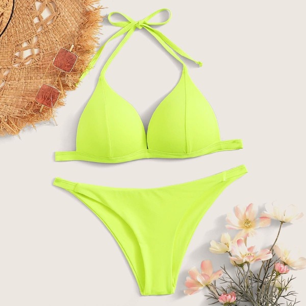 

Neon Lime Seam Halter Top With Tanga Bikini Set, Green bright