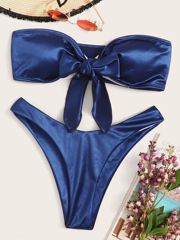 

Knot Satin Bandeau With High Cut Bikini, Blue