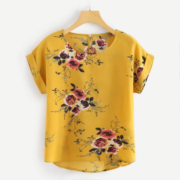 

Plus Floral Print Cut Out Back Asymmetrical Hem Blouse