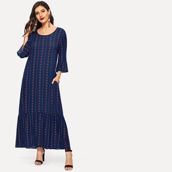 

Argyle Print Flounce Sleeve Ruffle Hem Dress, Blue