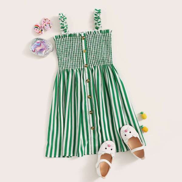 

Girls Button Front Frill Trim Shirred Striped Dress, Green