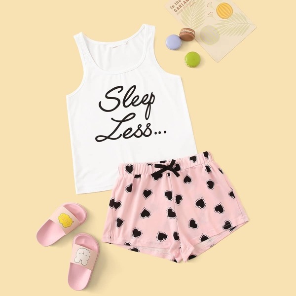 

Girls Letter Tank Top & Heart Print Shorts PJ Set