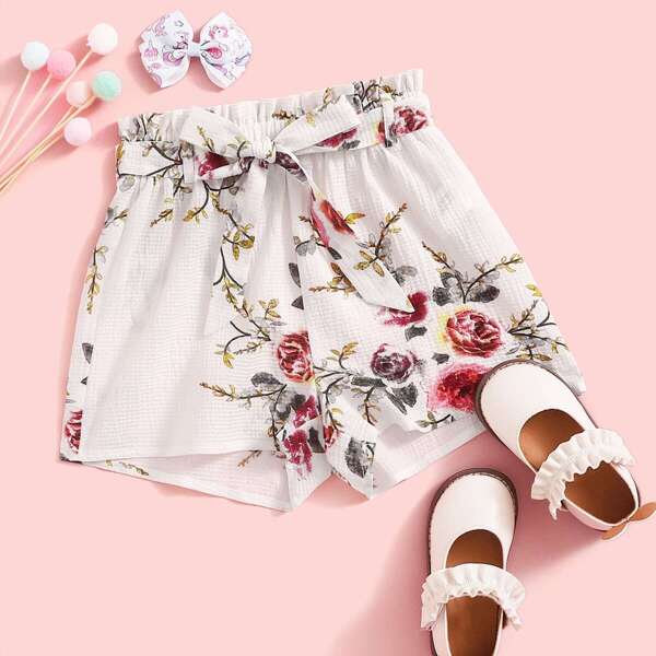 

Girls Paperbag Waist Floral Print Shorts