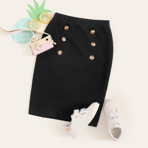

Girls Double Button Solid Skirt, Black