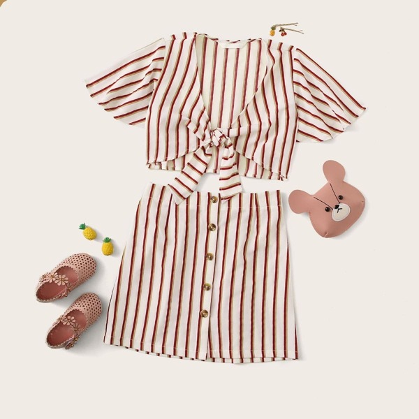 

Girls Striped Knotted Top & Button Front Skirt Set, Multicolor