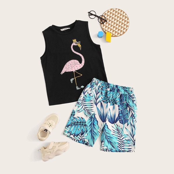 

Boys Cartoon Print Tank Top & Tropical Print Shorts Set, Multicolor