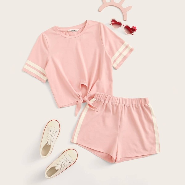 

Girls Tie Front Striped Cuff Top & Shorts Set, Pink