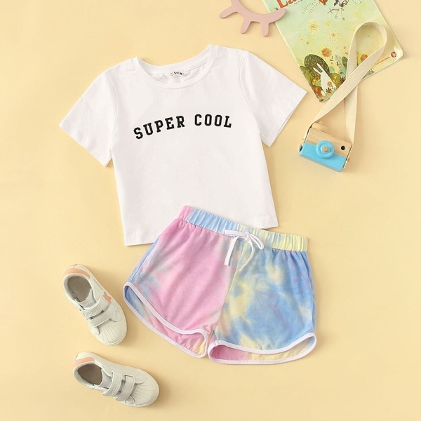 

Girls Letter Tee & Tie Dye Track Shorts Set