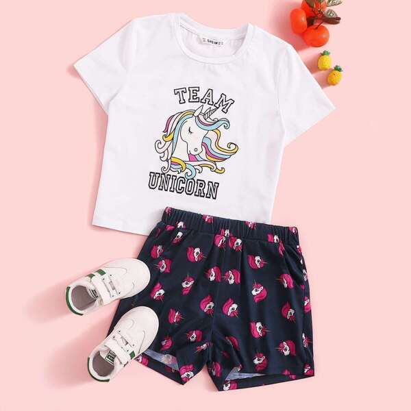 

Girls Letter and Cartoon Print Top & Shorts Set, Multicolor