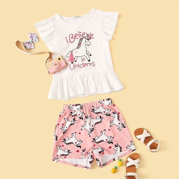 

Girls Ruffle Armhole Graphic Print Peplum Top & Shorts Set