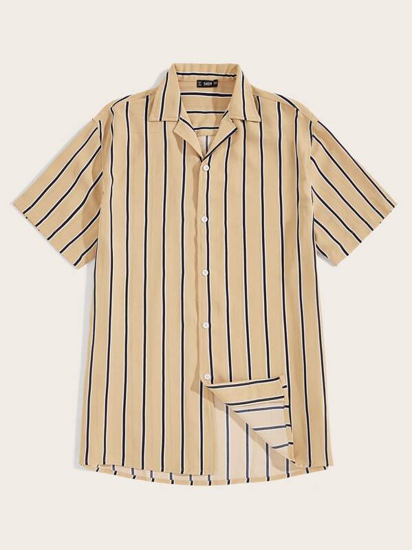 

Men Striped Notch Collar Shirt, Khaki