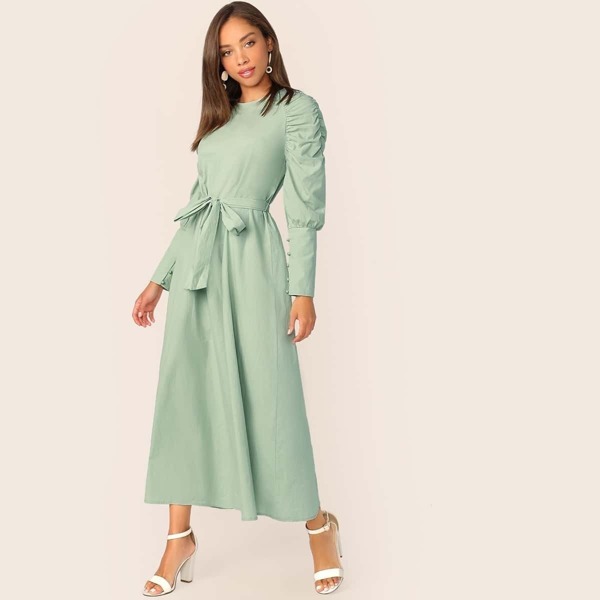 

Keyhole Back Button Gigot Sleeve Belted Dress, Green