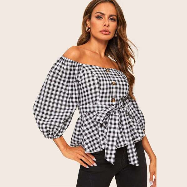 

Single Breasted Belted Plaid Off Shoulder Top, Black and white