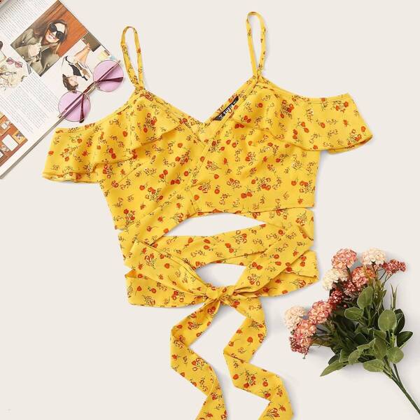 

Cold Shoulder Wrap Crop Top, Yellow