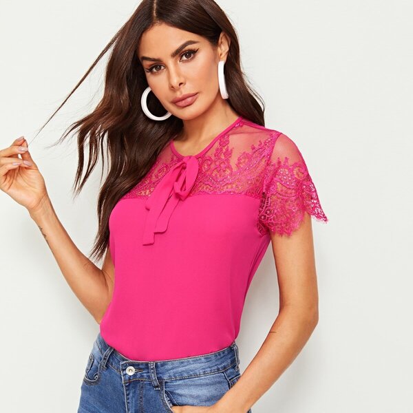 

Tie Neck Lace Yoke Top