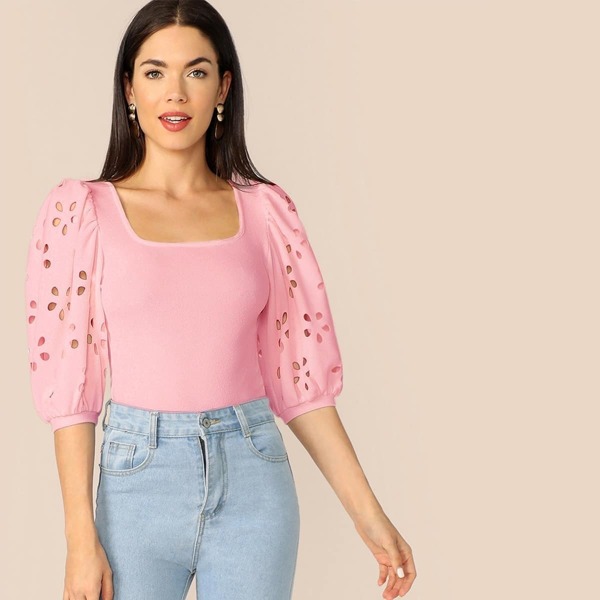 

Laser Cut Puff Sleeve Blouse