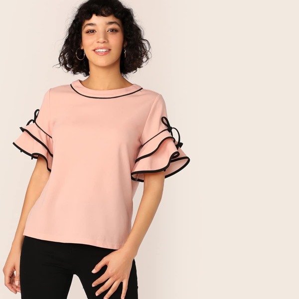 

Contrast Binding Knot Flounce Cuff Blouse
