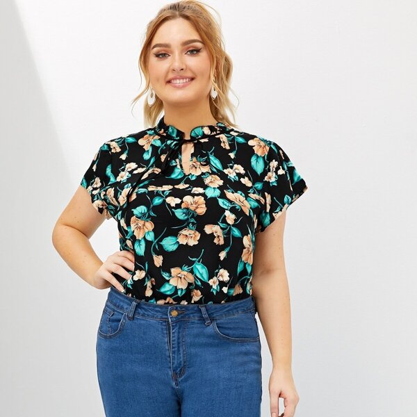 

Plus Frill Tie Neck Floral Print Top, Multicolor