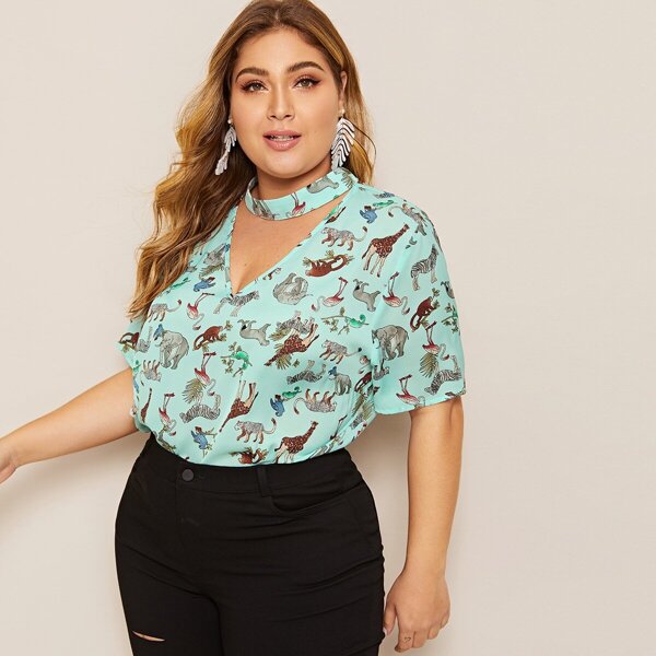 

Plus Choker Neck Animal Print Blouse