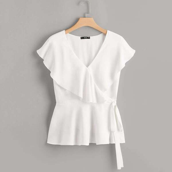 

Plus Ruffle Trim Tie Side Wrap Top, White