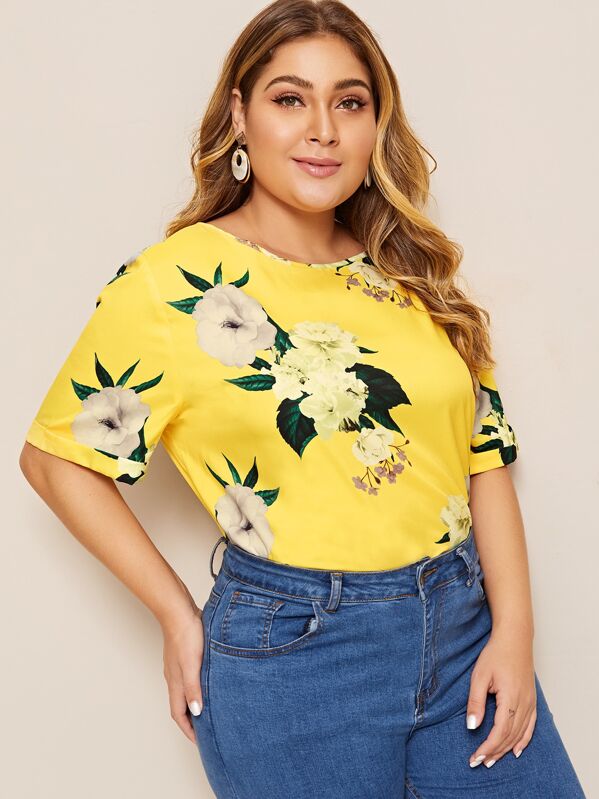 

Plus Floral Print Cuffed Sleeve Top, Yellow, Carol