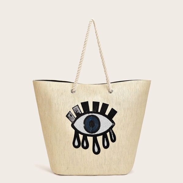 Sequin Eye Decor Straw Tote Bag