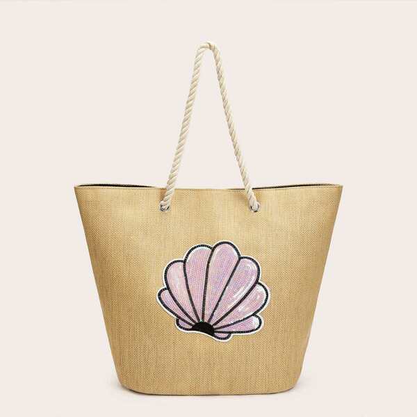

Sequin Shell Decor Straw Tote Bag