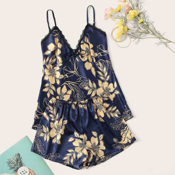 

Floral Print Lace Trim Satin Cami PJ Set