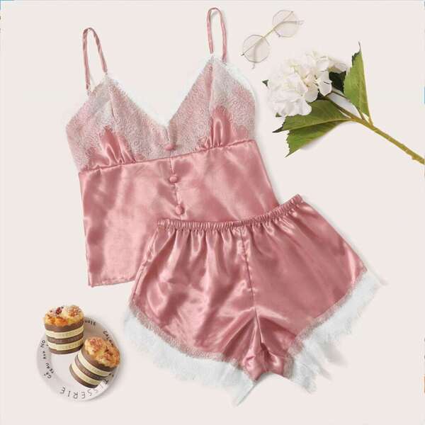 

Contrast Lace Satin Cami PJ Set