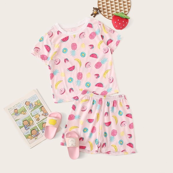 

Toddler Girls Fruit Print Pajama Set, Pink pastel