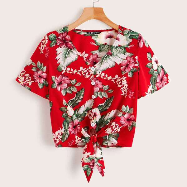 

Floral Print Tie Waist Crop Blouse, Multicolor