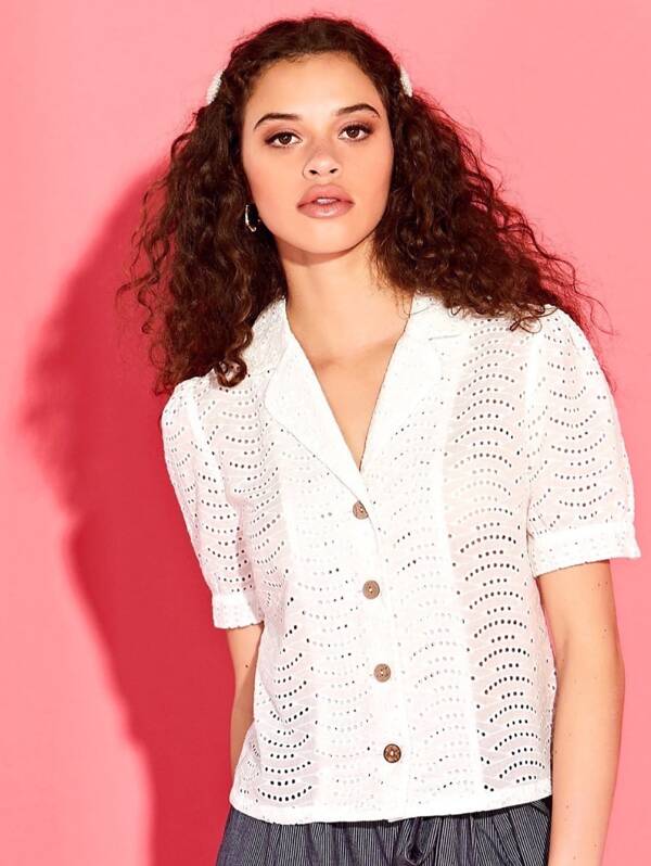 

Broderie Button Through Shirt, White, Nubia Sandos