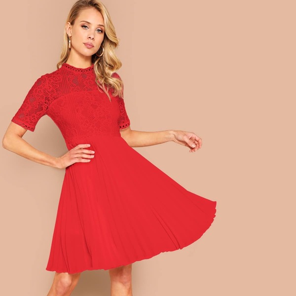 

Lace Insert Pleated Hem Fit & Flare Dress, Red bright