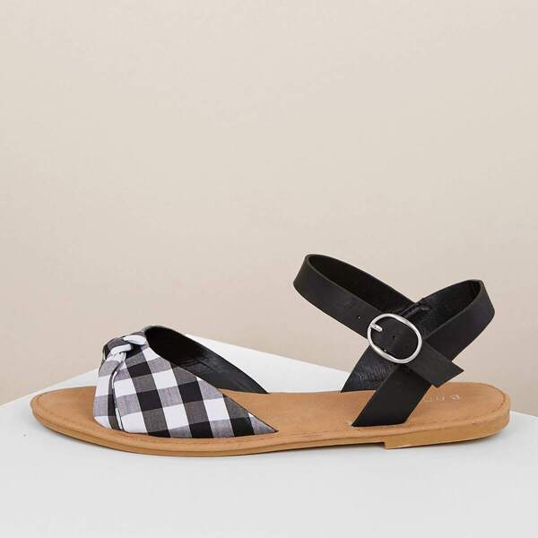 

Knot Front Gingham Band Ankle Strap Flat Sandals, Black and white