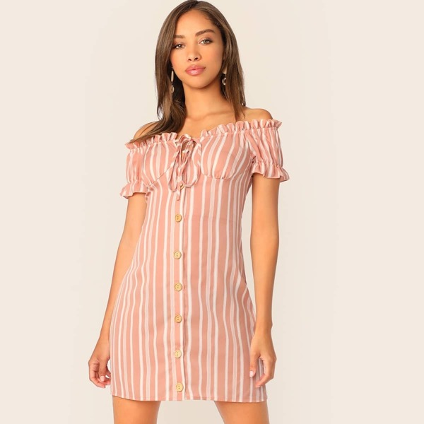 

Button Front Frill Trim Striped Bardot Dress
