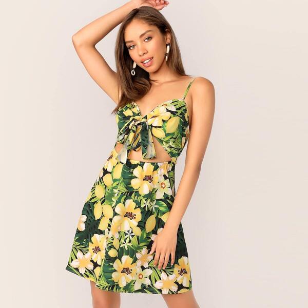 

Tropical Print Knotted Front Peekaboo Slip Dress