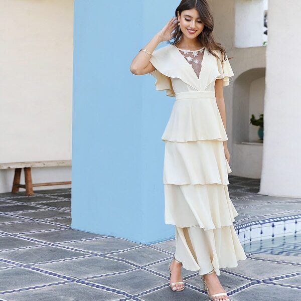 

3D Flower Applique Layered Ruffle Hem Dress, Beige