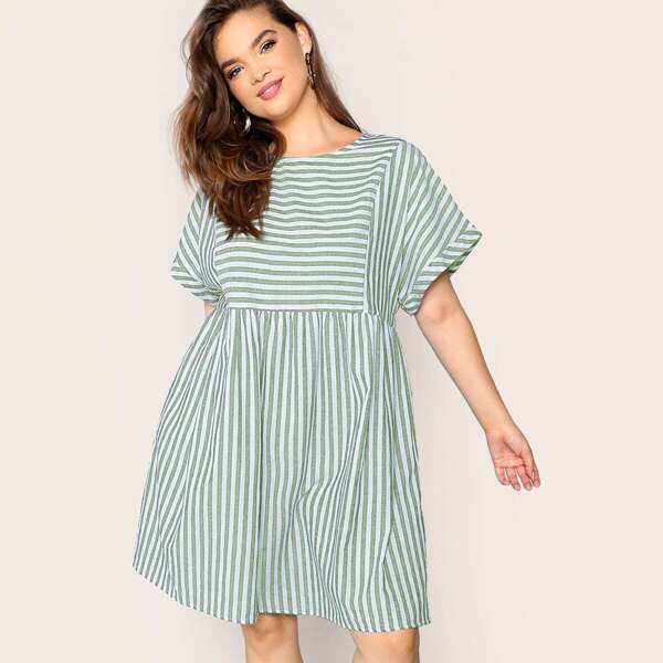 

Plus Rolled Cuff Cut-out Back Striped Smock Dress, Green