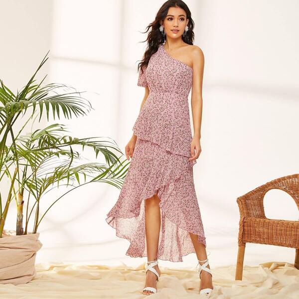 

One Shoulder Ruffle Trim Dip Hem Ditsy Floral Dress, Pink pastel