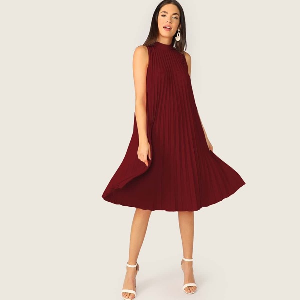 

Tie Back Sleeveless Pleated Swing Dress, Burgundy
