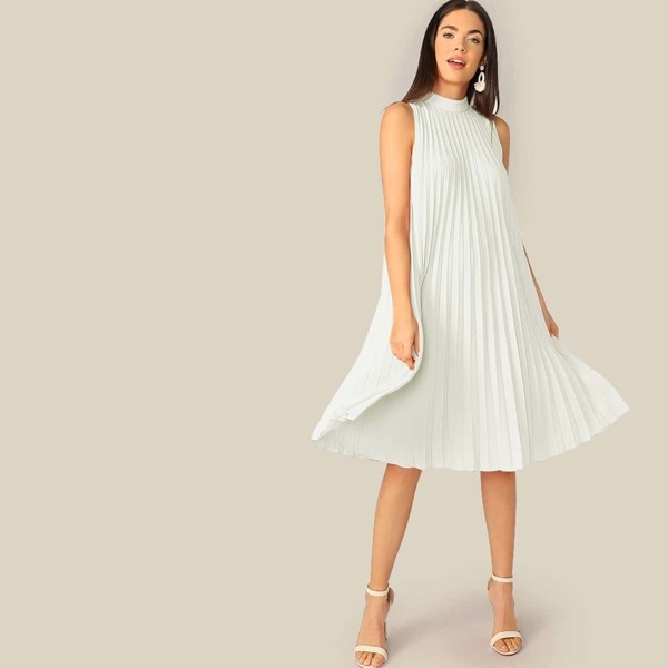 

Tie Back Sleeveless Pleated Swing Dress, White