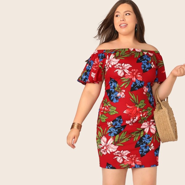

Plus Flower Print Bardot Dress