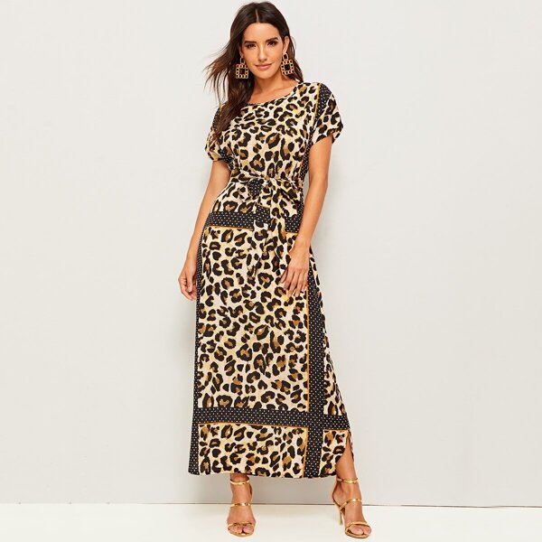

Leopard Print Self Belted Maxi Dress, Multicolor