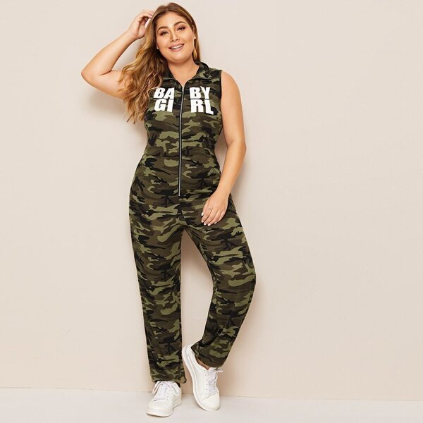 

Plus Zip Front Letter Print Camo Jumpsuit