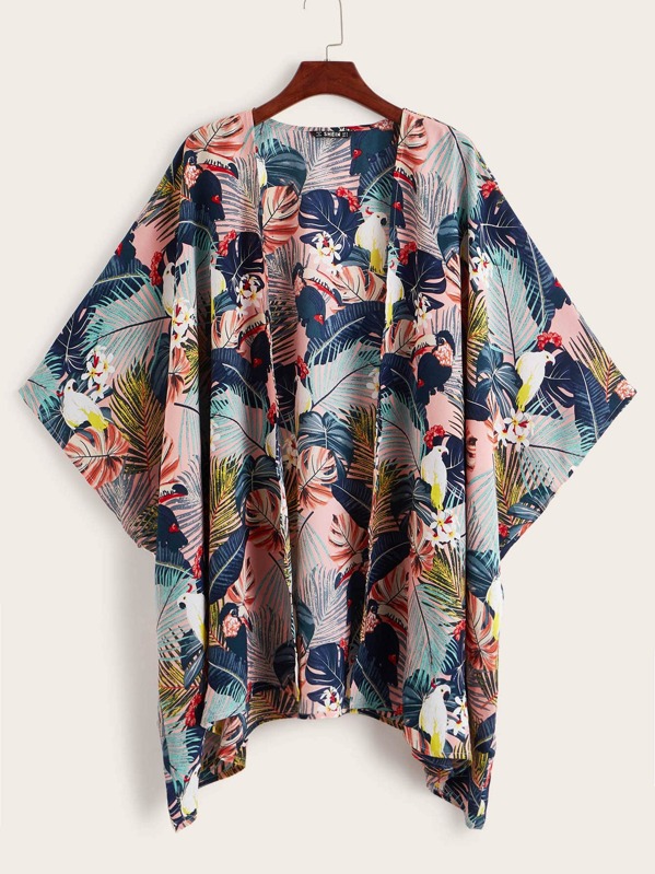 

Open Front Tropical Print Kimono, Multicolor