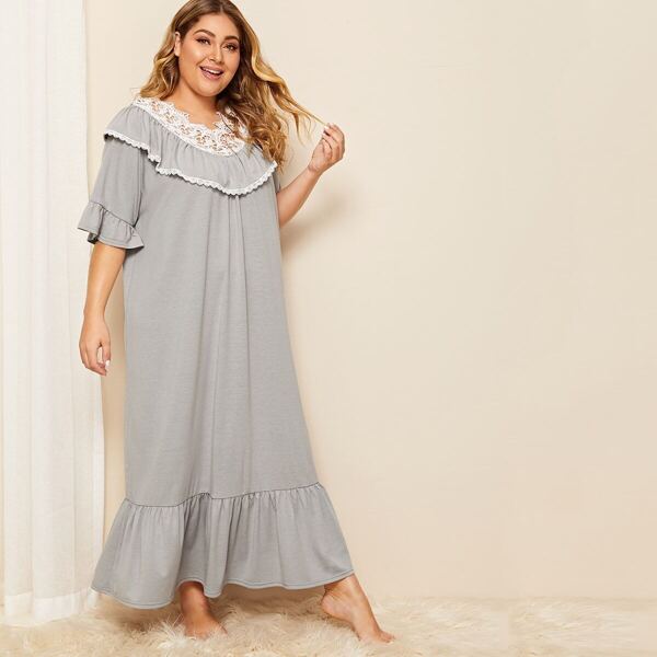 

Plus Lace Trim Flounce Sleeve Ruffle Hem Night Dress, Grey