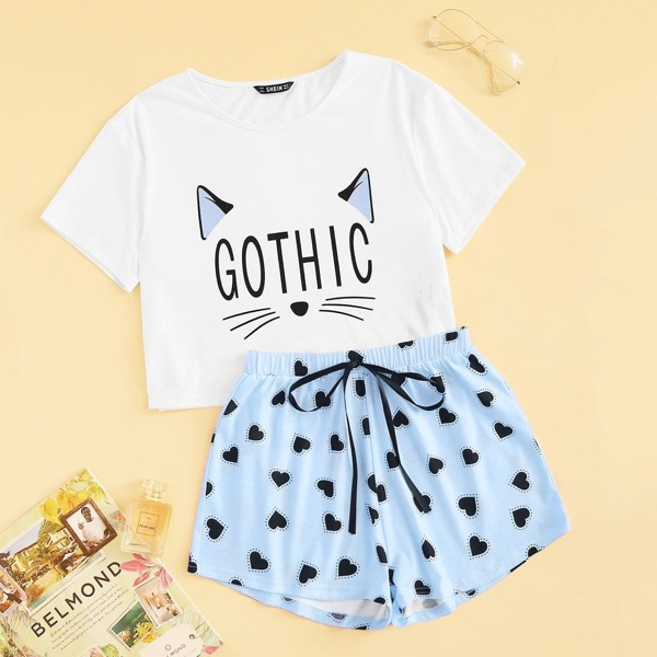 

Letter Tee & Heart Drawstring Waist Shorts PJ Set, Multicolor