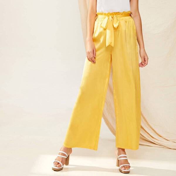 

Solid Paperbag Waist Wide Leg Pants, Yellow