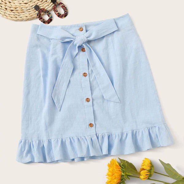 

Button Up Knot Front Ruffle Trim Skirt